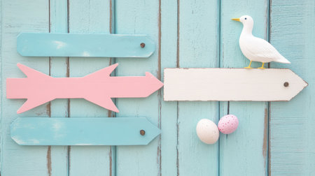 This vibrant image features colorful wooden directional signs in pastel pink and blue, accompanied by a decorative bird and delightful Easter eggs, perfect for spring-themed decor.の素材