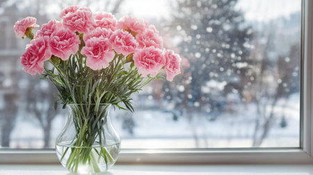 A captivating arrangement of pink carnations in a clear vase is positioned by a window, with a serene snowy landscape outside. The soft light enhances the beauty.の素材