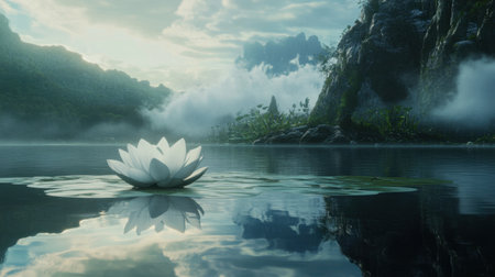 A beautiful water lily floats gracefully in a tranquil lake, reflecting the serene landscape of lush mountains and misty clouds at dawn.の素材