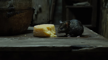 A curious mouse investigates a piece of cheese on an aged wooden table, illuminating the intricate details of its fur and the rustic setting around it.の素材