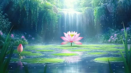 A beautiful water lily blooms in a serene pond, surrounded by lush greenery and a gentle waterfall, creating a tranquil and dreamy atmosphere.の素材