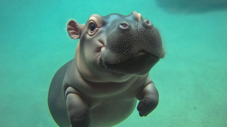 A captivating image of a baby hippopotamus swimming gracefully underwater, showcasing its unique features and playful spirit in a beautiful aquatic setting.の素材