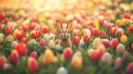 A charming brown rabbit stands in a field of vibrant tulips and decorative eggs during a beautiful spring morning, representing celebration and nature's beauty.の素材