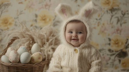 This charming image features an adorable baby dressed in a bunny costume surrounded by pastel Easter eggs and a floral backdrop, embodying happiness and warmth.の素材