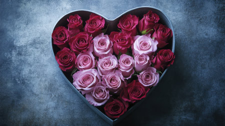 A stunning heart-shaped box showcasing a vibrant collection of roses in shades of pink and red, perfect for celebrating love and special occasions.の素材