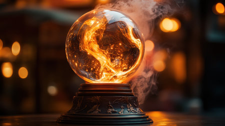 This mesmerizing image features a magical globe swirling with fire and smoke, creating an enchanting atmosphere of mystery and intrigue. Perfect for artistic projects.の素材
