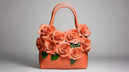 This stunning coral handbag features intricate fabric roses, combining elegance and style for any fashionable outfit. Perfect for special occasions or everyday use.の素材