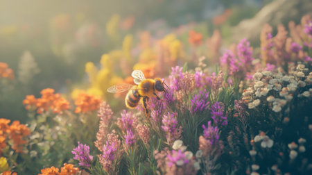 A honeybee gracefully pollinates vibrant wildflowers in a sunlit meadow. This serene scene captures the beauty of nature, showcasing the vital role of bees in biodiversity.の素材
