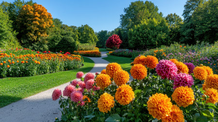 A vibrant flower garden features a winding pathway surrounded by stunning blooms in various colors. This picturesque scene captures tranquility and beauty in nature.の素材