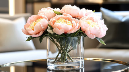A stunning arrangement of soft pink peonies in a clear glass vase, creating a beautiful centerpiece for any modern living space. This image evokes elegance and tranquility.の素材