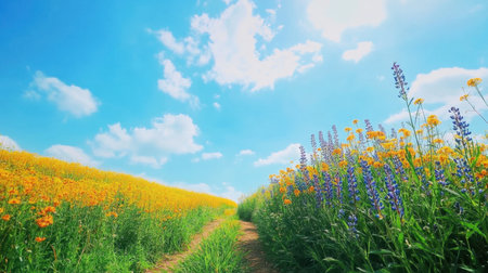 A stunning view of a dirt path flanked by vibrant wildflowers under a clear blue sky. Fluffy clouds add charm to this serene outdoor scene, perfect for nature lovers.の素材