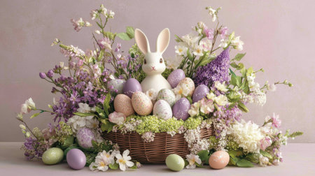 A beautiful Easter arrangement featuring a charming bunny alongside pastel eggs and vibrant spring flowers in a wicker basket, perfect for seasonal celebrations.の素材