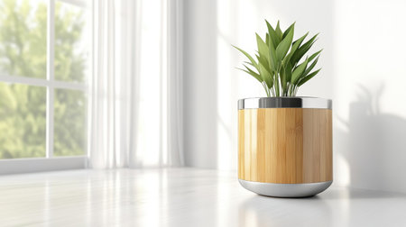 A soothing indoor scene featuring a stylish pot with a lush green plant, illuminated by soft natural light filtering through a window, creating a serene atmosphere.の素材