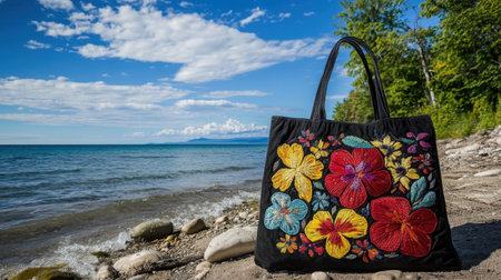 A vibrant flower-embroidered bag rests on rocky shores near a tranquil lake, highlighting stylish summer fashion against a picturesque outdoor backdrop.の素材