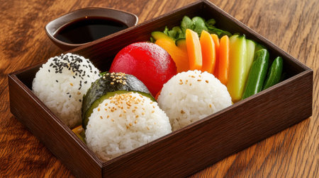 A beautifully arranged Japanese bento box featuring rice balls, fresh vegetables, and a small dish of soy sauce, perfect for a healthy meal.の素材