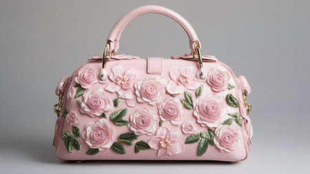 This stunning pink handbag features intricate floral embroidery, showcasing exquisite craftsmanship and a chic style perfect for any fashion-savvy individual.の素材