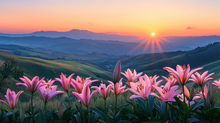 A breathtaking sunrise paints the sky with warm hues over rolling green hills, while vibrant pink lilies bloom in the foreground, creating a serene landscape.の素材