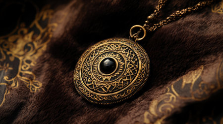 This stunning vintage necklace features an intricate design with a black stone pendant, beautifully displayed on an ornate fabric background, embodying elegance.の素材