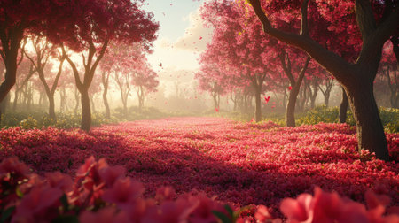 A breathtaking view of a tranquil pathway lined with vibrant pink blossoms and lush greenery, bathed in the soft light of a sunrise, inviting serenity.の素材