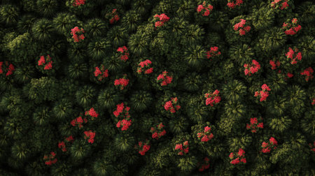 This stunning aerial view captures a lush green forest adorned with vibrant red flowers, showcasing the beauty of nature and biodiversity in a peaceful landscape.の素材