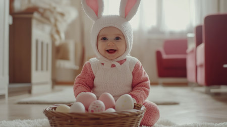 A joyful baby dressed in a bunny costume sits in a bright living room, surrounded by colorful Easter eggs in a woven basket, radiating happiness and innocence.の素材
