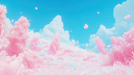 A captivating dreamy landscape showcasing vibrant pink trees and fluffy clouds against a bright blue sky. An ideal choice for fantasy and surreal themes.の素材