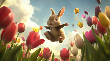 A delightful scene of a cute bunny joyfully leaping among vibrant tulips in a sunlit field, evoking feelings of happiness and springtime bliss.の素材