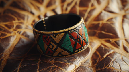 A stunning close-up of a colorful tribal bracelet displaying intricate patterns on a textured background, perfect for showcasing unique accessories and cultural artistry.の素材