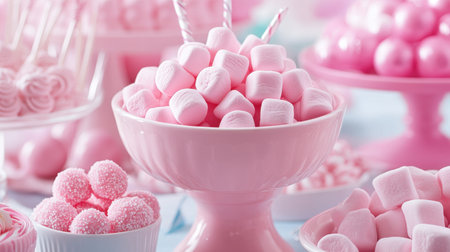 Explore a charming pink dessert table filled with a delightful assortment of marshmallows, candies, and sweet treats, perfect for celebrations and special occasions.の素材