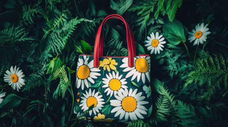 A vibrant floral handbag featuring a charming daisy design is elegantly placed among lush green leaves and blooming white daisies in a natural setting.の素材