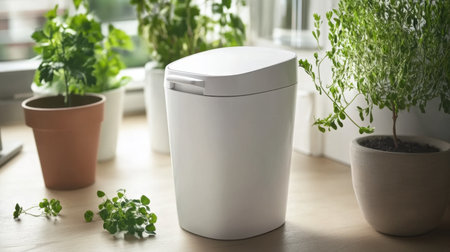 A sleek white trash bin sits elegantly among vibrant green plants on a wooden table, embodying a harmonious blend of modern design and nature.の素材