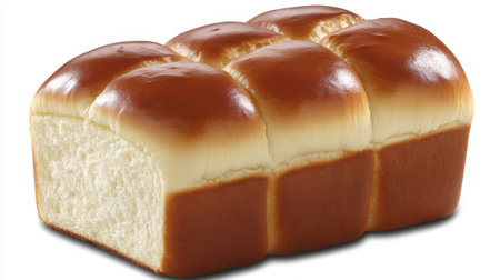 This image features a freshly baked golden brown bread loaf showcasing a soft, fluffy texture ideal for various culinary applications and food styling.の素材