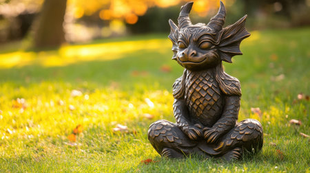 This charming dragon statue sits peacefully in a vibrant garden, surrounded by colorful autumn leaves and soft sunlight, creating a whimsical atmosphere.の素材