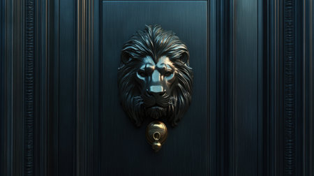 This image features a stunning lion head door knocker set against a dark wooden door, showcasing intricate craftsmanship and a luxurious aesthetic.の素材