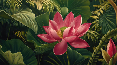 A stunning pink lotus flower blossoms amidst lush tropical foliage, creating a tranquil and vibrant natural scene perfect for nature lovers and art enthusiasts.の素材