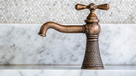 A stunning vintage brass faucet with intricate detailing sits elegantly on a marble countertop, perfect for enhancing kitchen or bathroom aesthetics.の素材
