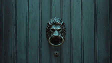 An elegant bronze lion door handle rests on a dark wood surface, creating a striking focal point for entryways, symbolizing strength and welcome.の素材