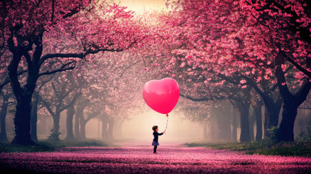 A delightful image of a child standing in a picturesque cherry blossom pathway, holding a pink heart balloon amidst vibrant blooms, radiating joy and innocence.の素材