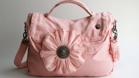 This charming pink bag features a beautiful floral decoration and a comfortable shoulder strap, perfect for everyday use and stylish outings.の素材