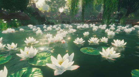This serene water lily pond features white blooms floating gracefully on calm water, surrounded by lush greenery and dappled sunlight, evoking tranquility.の素材