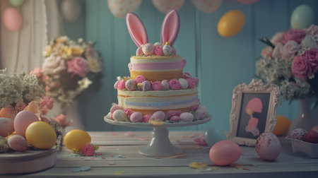 This beautiful Easter cake features playful bunny ears and colorful decorations, surrounded by eggs and flowers, capturing the essence of spring festivities.の素材