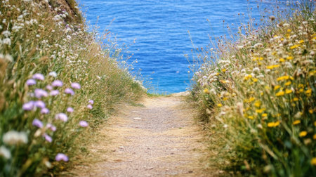 A picturesque pathway lined with vibrant wildflowers leads to the breathtaking blue ocean, creating a serene and inviting outdoor escape for nature lovers.の素材