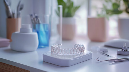 A transparent dental aligner placed on a sleek desk emphasizes dental care and hygiene. Surrounded by tools and plants, it creates a modern, clean aesthetic.の素材