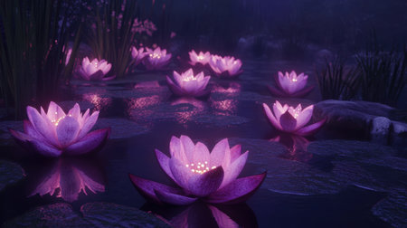 Discover a serene water lily scene featuring vibrant purple blooms illuminated in a mystical foggy atmosphere, perfect for adding tranquility to any project.の素材