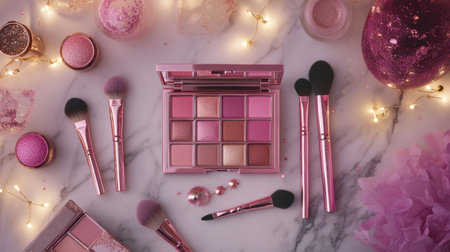 A visually stunning arrangement of an elegant pink makeup palette accompanied by brushes and decorative elements on a marble surface, illuminated by soft lights.の素材