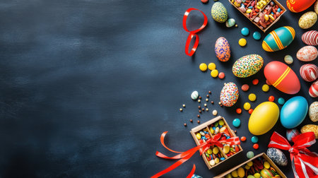A vibrant arrangement of colorful Easter eggs and sweet treats on a dark background, perfect for spring celebrations and festive decoration ideas.の素材