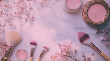 A serene flat lay featuring various makeup brushes, cosmetics, and delicate floral accents arranged on a marble surface, ideal for beauty content.の素材