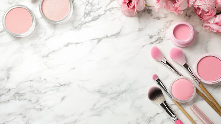Aesthetic composition featuring soft pink makeup products and brushes arranged elegantly on a marble surface with delicate floral accents. Ideal for beauty and skincare themes.の素材