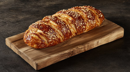 A beautifully crafted bread loaf with a shiny crust rests on a rustic wooden board, highlighting the artistry of baking in a dark kitchen setting.の素材