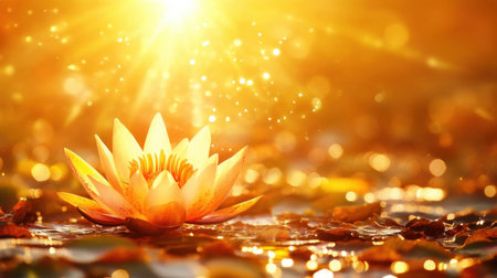 A stunning close-up of a lotus flower blooming in still water, illuminated by warm sunlight and surrounded by sparkling particles and lush leaves.の素材